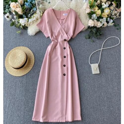 Womens summer short sleeve vintage slim dress female high waist v neck slim button dress TB793
