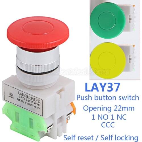 1Pcs LAY37 -11M (Y090 -11M) 22mm Mushroom Head Automatic Self Locking / Self Reset Button 1 NO 1 NC The Start Push Button Switch