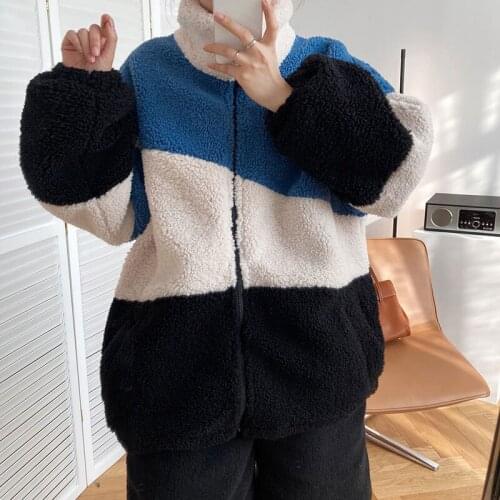 2021 Winter Vintage Women Lambswool Coat Long Sleeve Thick Warm Coat Loose Casual Jacket Chic Overcoat Women Zipper Jacket Femme