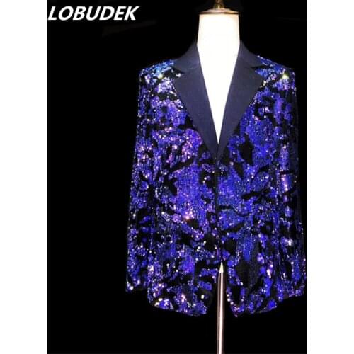 Shining Blue Purple Sequins Jacket Mens Suit Jackets Fashion Slim Blazers Coat Male Singer Nightclub Clothing Host Show Costume