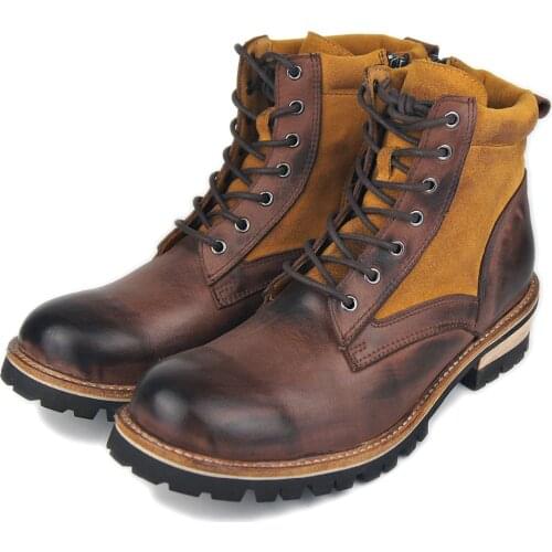 Polished Boots Genuine Cow Leather Low Heel Ankle Boot Punk Combat Mens Western Cowboy Boot Vintage Shoes Motorcycle Rock Boots