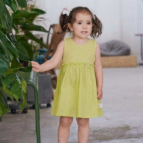 Hollead 2021 Summer Polka Dot Sleeveless Vest Yellow Children Dress 100% Cotton Round Neck Vintage Girl Princess Clothing