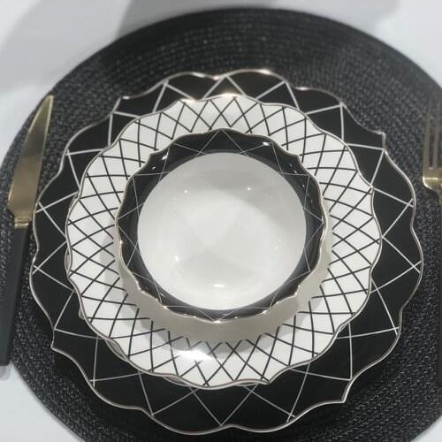 High Quality Dinnerware Set 24 Piece 6 Person Black White Deising Plates Dish Set, Dinner Plates, Plates and Bowls Sets