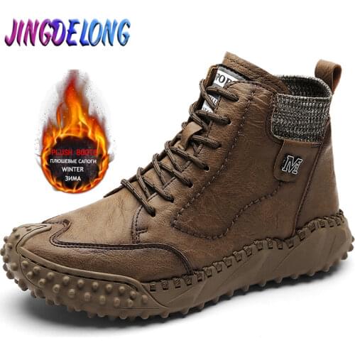 Classic Winter Mens Boots Real Leather Plush Warm Mens Snow Boots Outdoor Men Work Boots Mens Motorcycle Boots Roman Hombre