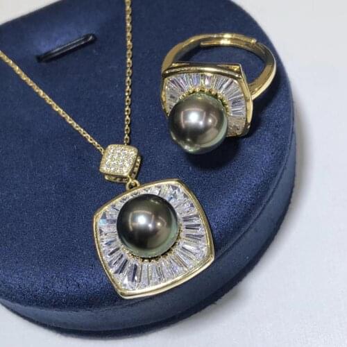 D326 Pearls Sets Fine Jewelry Natural 9-11mm Ocean Sea Tahiti Black Pearls Jewelry Sets for Women FIne Presents