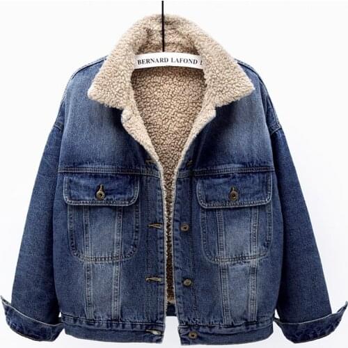 Thick Warm Lamb Fur Liner Jeans Jacket Coat Women Big size Loose Short Denim Jackets Female Winter Vintage Dark blue Outerwear