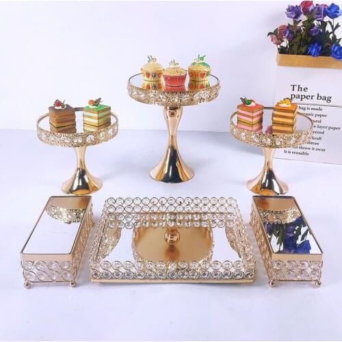 1pcs Wedding Cake Stand Square crystal Birthday Party Dessert Metal Cupcake Pedestal Display Plate Home Decor Gold Acryl Mirror