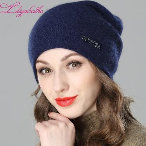 LILIYABAIHE Women Autumn And Winter Hat angora Knitted Skullies Beanies Cap diamond decoration hats for Girls