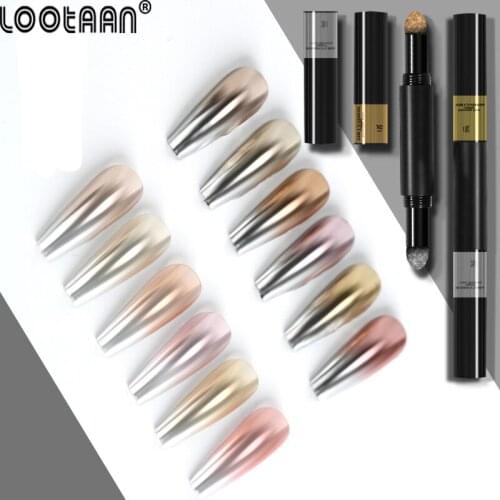 Lootaan 1pc Double Head Air Cushion Magic Powder Design Powder Pen Laqcuer Nail Art High Quality Mirror Effect Nail Makeup Fast