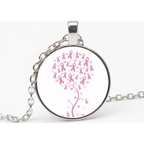 New Assorted Retro Glass Breast Cancer Awareness Ribbon Glass Bevel Pendant Silver Plated Art Necklace Pendant Choker Souvenir