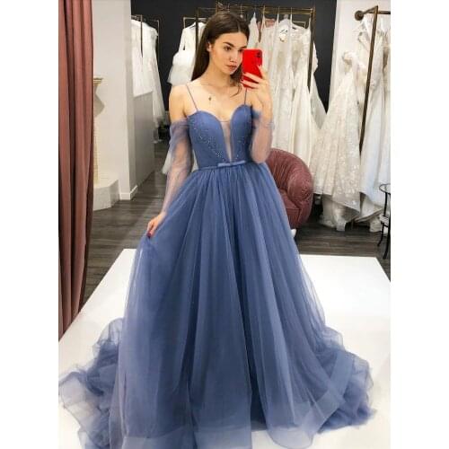 Prom Dresses 2020 New Formal Sweetheart Tulle Puffy Floor Length Blue Special Occasion Backless Party Gowns Pleated Evening Gown