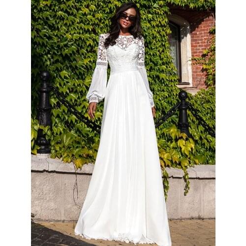 Beach Boho Wedding Dress Lace Long Lantern Sleeves Floor Length Robe De Mariee Brides Chiffon A-line Bridal Gowns Sweep Train