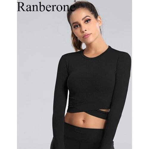 Ranberone Yoga Shirts O Neck Solid Running Shirts Sexy Exposed Navel Sports Tops Fitness Gym Slim Cross Womens Sportswear 2021