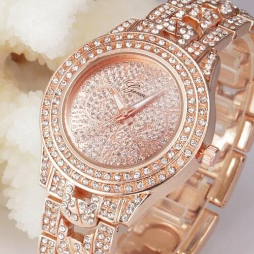Luxury Watch Women Full Rhinestones Gold Watchbands Quartz Wristwatches Pretty Female Clock Ladies Diamond Bracelet Watch Mujer