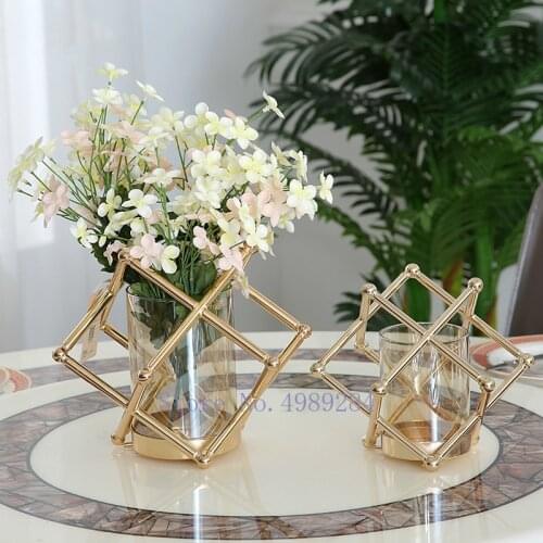 Glass Vase Metal Rack Golden Geometry Abstract Flower Arrangement Hydroponic Accessories Crafts Modern Home Decoration Vases