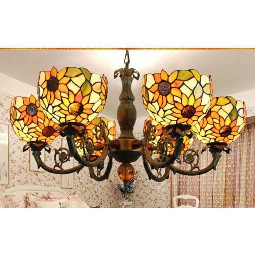 Tiffany Baroque sunflower Stained Glass Suspended Luminaire E27 110-240V Chain Pendant lights for Home Parlor Dining Room