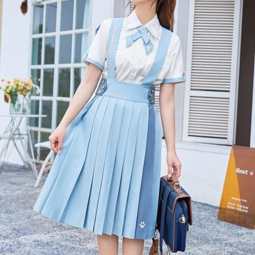 Japanese Kawaii Soft Girls Solid Pleated Lolita Skirt Casual JK Uniform Embroidery Slim High Waist Middle Length Female Skirt