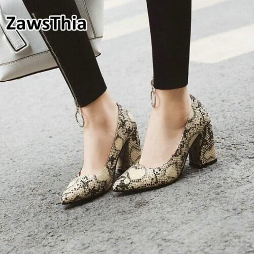 ZawsThia 2020 Big Size 46 Pumps Fashion Snake Skin PU Square Block Heel High Quality Pointed Toe Shoes New Elegant Womens Pumps