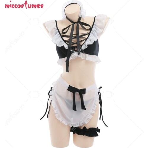 Women French Maid Uniform Set Off Shoulder Ruffle Puff Sleeve Top Lingeries Costume Outfit with Headband Apron Thong