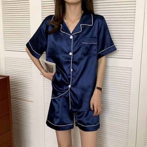Womens Pajamas Rayon Satin Short-Sleeved Solid Color Lapel Cardigan Sleepwear Set 2021 Sleep Two Piece Loungewear Soft Homewear