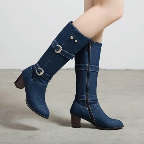YMECHIC 2019 New Winter Boot Women Denim Double Buckle Strap Block High Heels Mid Calf Riding Knight Boots Ladies Footwear Shoes