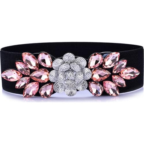 Women Flower Shape Belts Luxury Brand Rose Rhinestone Inlaid Elastic Belt Ladies Dress Waist Down Jacket Decorated