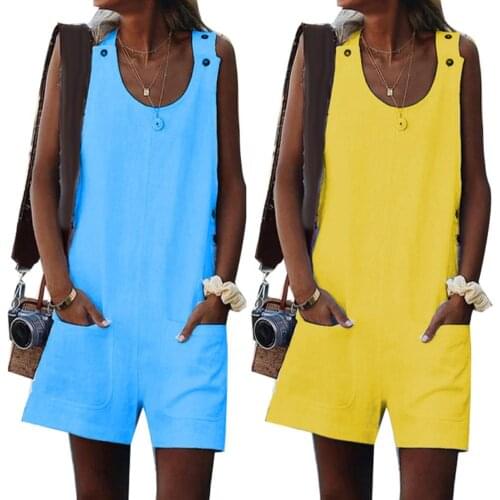 Plus Size Summer Lady Solid Color Cotton Linen Sleeveless Jumpsuit Shorts Romper