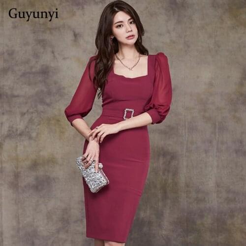 Burgundy Office Lady Dress 2020 Autumn Square Collar Chiffon Half Puff Sleeve High Waist Tight Comfortable Elegant Party Dress