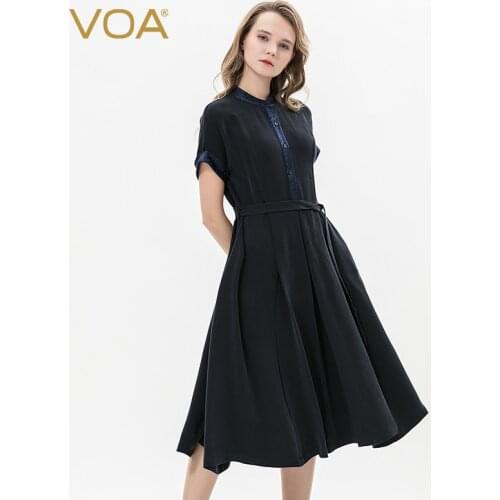 VOA 40m/m Heavyweight Silk Bicolor Stand Up Collar Short Sleeve Mid Waist Lace Up Button Open Big Swing Crisp Women Dress A10231
