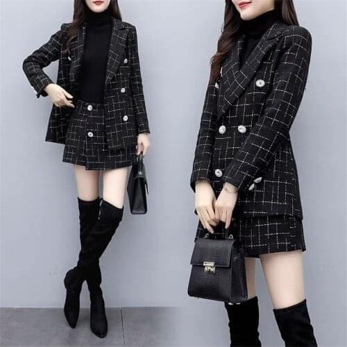 2021 New Autumn Two Piece Women Plaid Woolen Coat + Shorts Skirt Elegant Winter Lady Long Sleeve Blend Coats Suit Outwear WZ1511