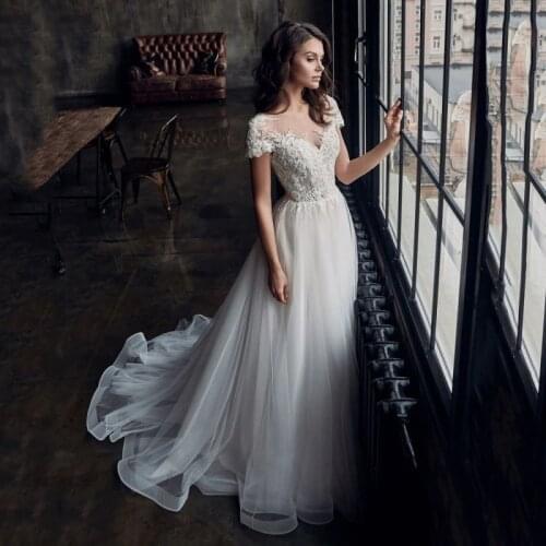 Thinyfull Elegant A Line Court Train Wedding Dresses O Neck Cap Sleeve Bridal Gown Button Lace Appliques Tulle Vestido De Novia