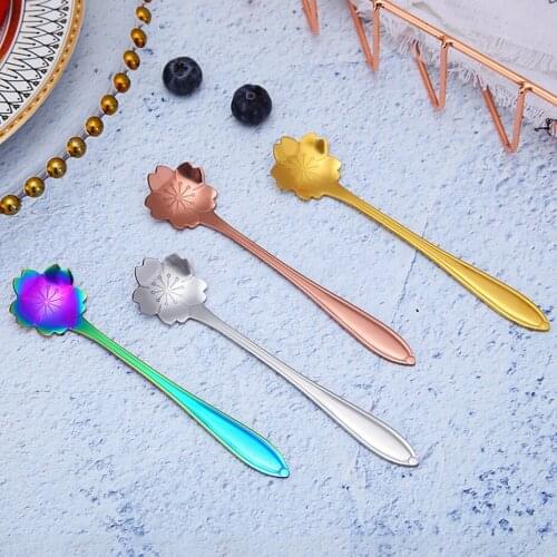 1pc Flowers Shape Stainless Steel Coffee Spoon Colorful Ice Cream Tea Dessert Spoon Kitchen Tableware Long Handle Spoon