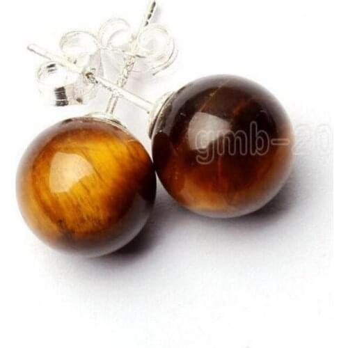 Free Shipping Hot Sell Fashion New 10mm Natural Yelow Tiger Eye Stone 925 Sterling Silver Earrings