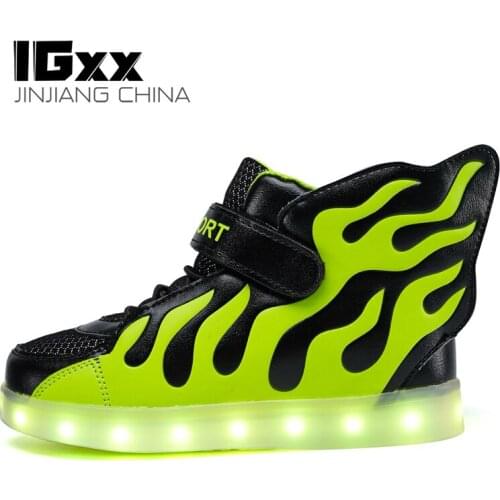 IGxx High Top Big Wing LED Light Up Shoes For Kids HooK&Loop USB Charging Glowing Shoes LED Child Luminous LED Sneakers Boys