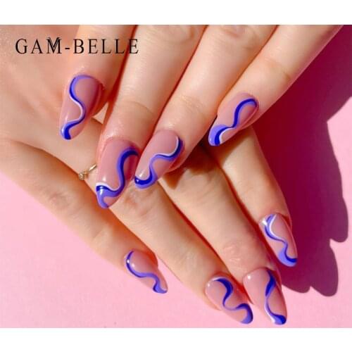 GAM-BELLE 24Pcs Long Ellipse False Nails Blue Wave Pattern Artificial Nail Tips French Press On Nails DIY Manicure Beauty Tool