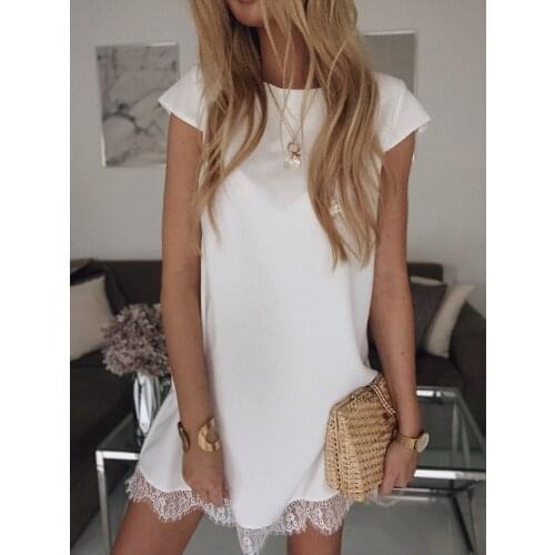 Summer Lace Patchwork Mini Womens Dress Solid White Short Sleeve O-neck Loose Female Dresses 2021 New Fashion Ladies Clothes