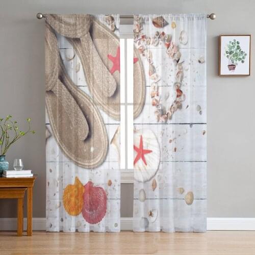 Summer Wood Grain Slippers Pebble Starfish Shell Beach Tulle Curtain Voile Transparent for Bedroom Living Room Sheer Curtains