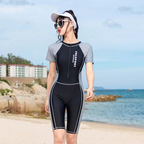 Zipper Rash Guard Summer Surfing Suit Patchwork One Piece Swimwear Short Sleeve Bathsuit Boyshort Sports Swimsuit Women