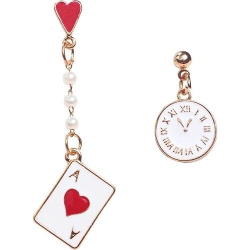 Cute Fashion Womens Earring Alice Wonderland Enamel Earrings Sweet Poker Clock Long Created Pearl Pendant Geometric Jewelry