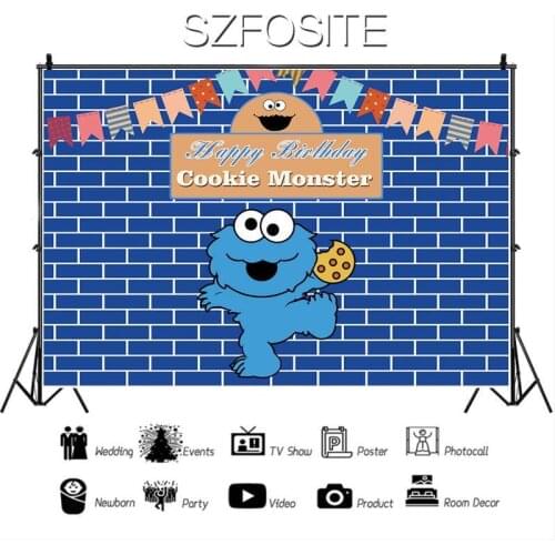 Cute Eat Biscuits Little Monster Dance Blue Backdrop Baby Birthday Party Table Decoration Photograph Photo Kid Custom Background