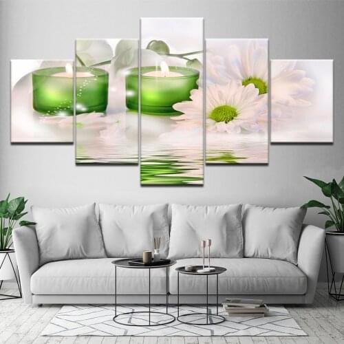Framework Art Modular Canvas Picture 5 Pieces Chrysanthemum And Candle Paintings Decoration For Living Room Wall HD Print Poster