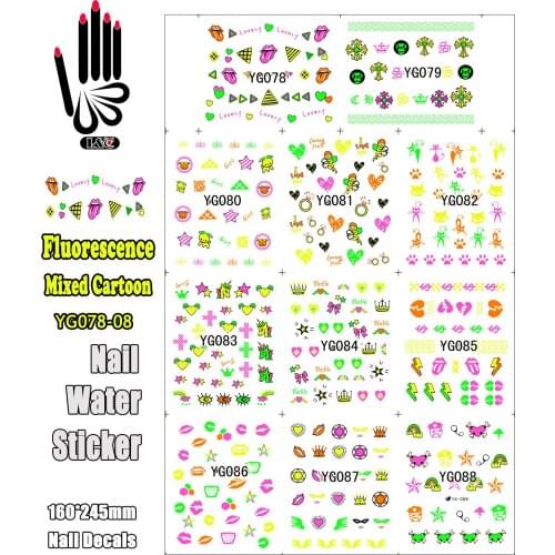 11 Sheets/Lot Nail Water YG078-088 Fluorescence Mixed Cartoon Lip Desings Nail Art Sticker Water Manicure Decal(11 DESIGNS IN 1)