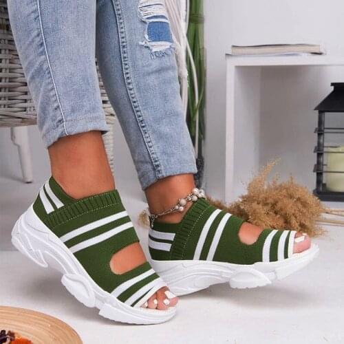 New Women Sandals 2021 High Heels Platform Women Shoes Summer Casual Female Sneakers Knitting Slip On Peep Toe Women Sandals