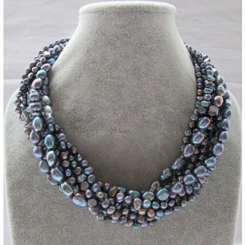 Exclusive design Fine Jewelry 9row 4-5-7-8mm black baroque freshwater pearl necklace-shell clasp