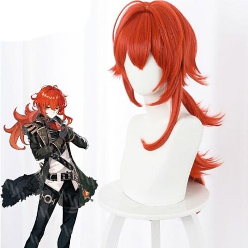Game Genshin Impact Diluc Cosplay 60cm Long Red Wig Cosplay Anime Cosplay Wigs Heat Resistant Synthetic Wigs Halloween