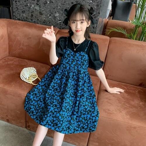 Girl Dress 100% Cotton Casual Fake 2PCS Dress Kids Short Sleeve Sundress Children Clothing Party Sweet Dress 4 7 9 11 12 14 Year