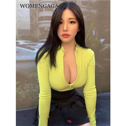 WOMENGAGA Sexy Stand Collar Long Sleeve Zipper Low Chest Slim Skinny Hip Dress Short Autumn Womens Hot Sexy Korean Tops 140C