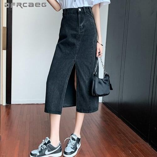 HIgh Waist Retro Women‘s A-Line Skirts Jeans Summer 2021 Streetwear Slim Sexy Split Denim Long Skirt Feamle