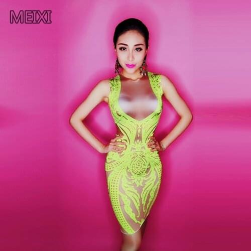 Sexy hollow-out green print nightclub concert singer and dancer costume