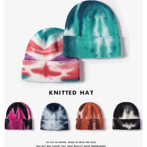Tie-dye Skullies Beanies Winter Hats For Men Cotton Cashmere Knitted Beanie Soft Colorful Hip Hop Caps Brimless Hats For Women